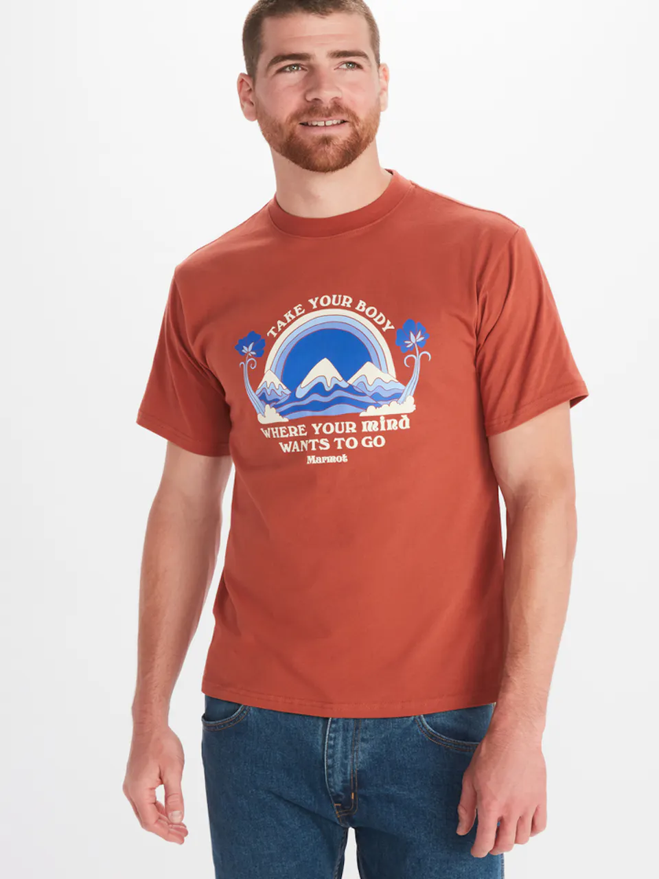man modeling t-shirt that says take your body where your mind wants to go