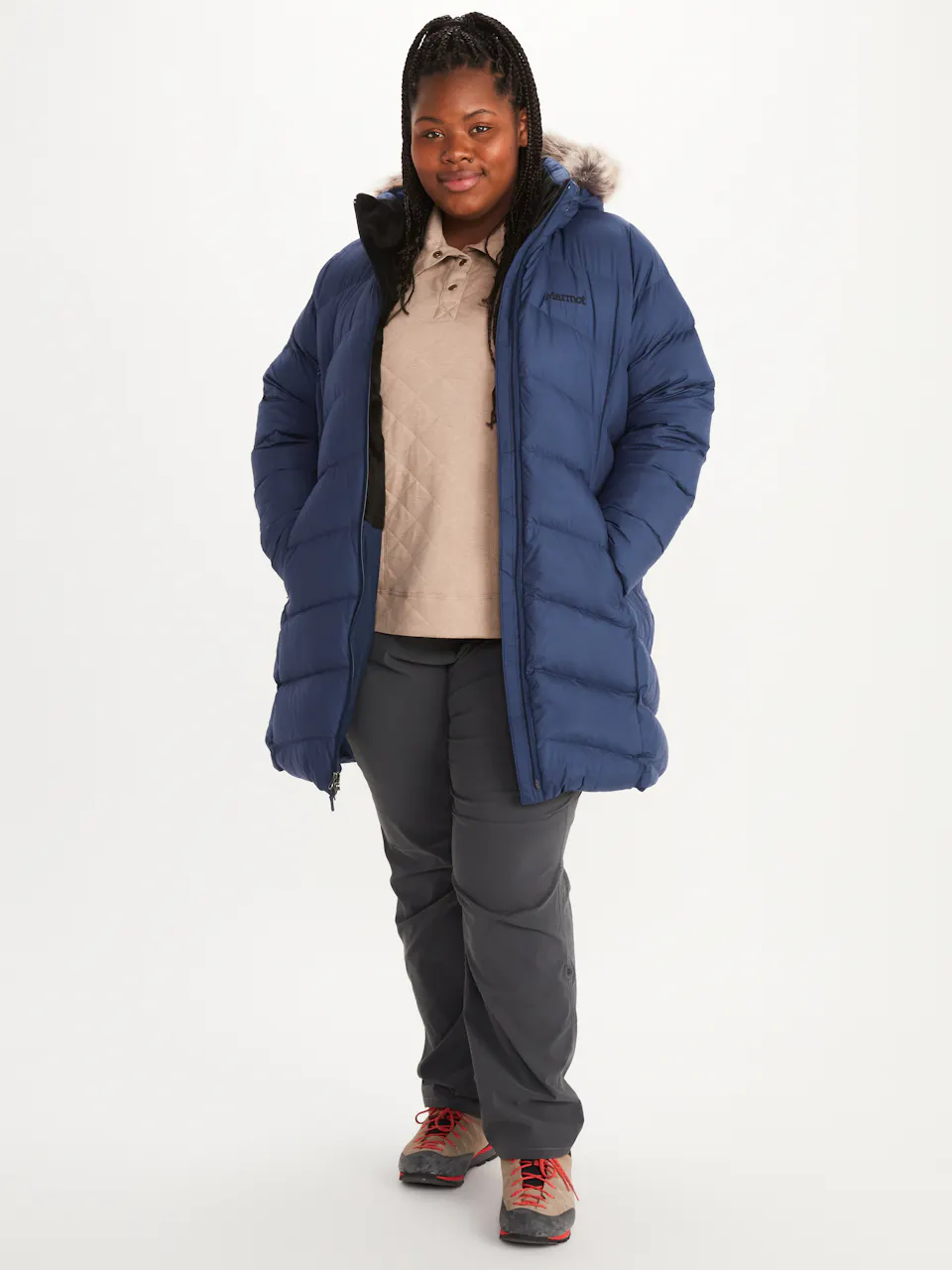 front of unzipped blue puffer jacket with hood