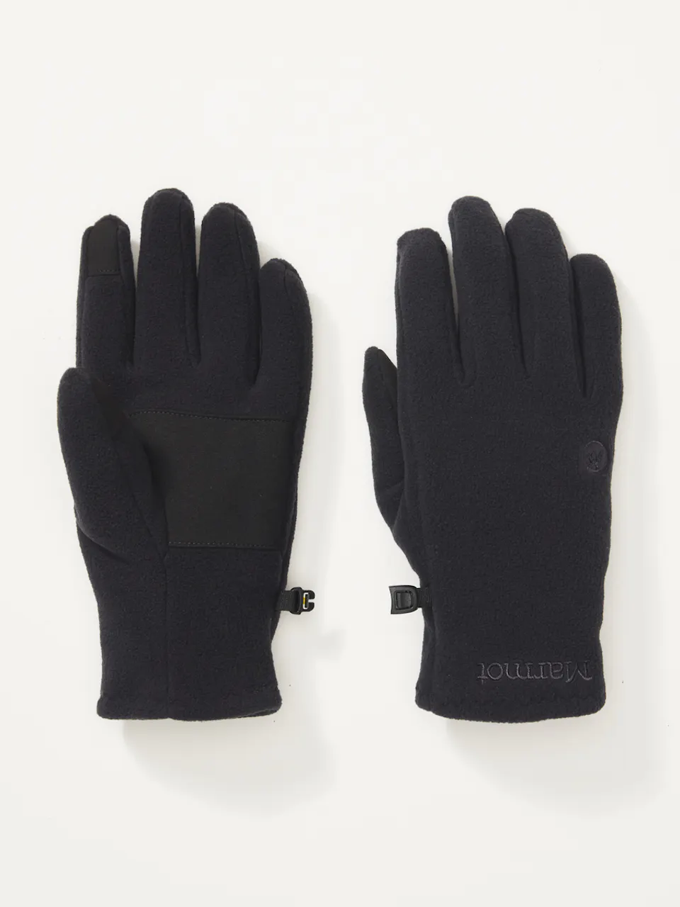 Black fleece gloves with adjustable wrist clips displayed on a white background.